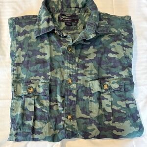 Cremieux Camo Camp‎ Linen Shirt Short Sleeve Button Up Slim Fit Casual -SZ Large